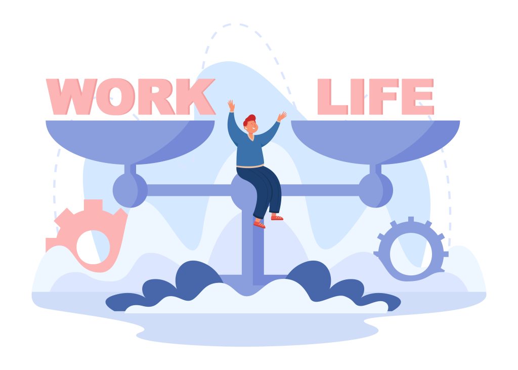 Happy man sitting on scales with words work and life balance work and life