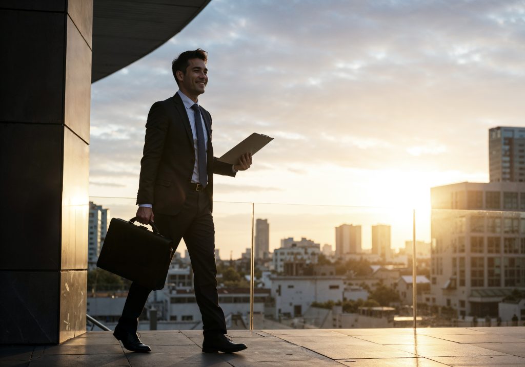 successful-businessman-walking-rooftop-with-briefcase-documents-enjoying-city-view