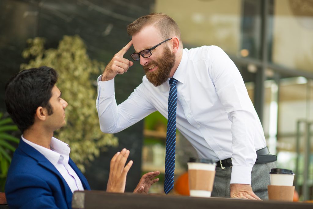 Unstable bearded boss gesturing at head while screaming Career event Mistake