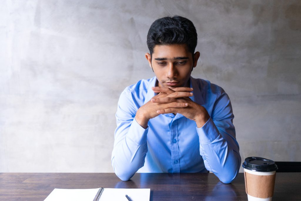 Sad author thinking over article, but feeling writers block business handling